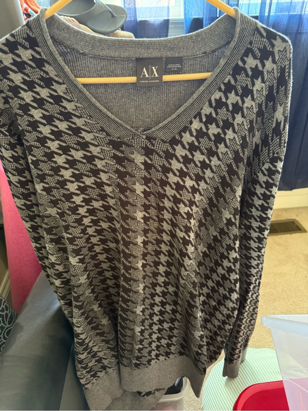 Armani Exchange Black & Gray Houndstooth V-Neck Sweater